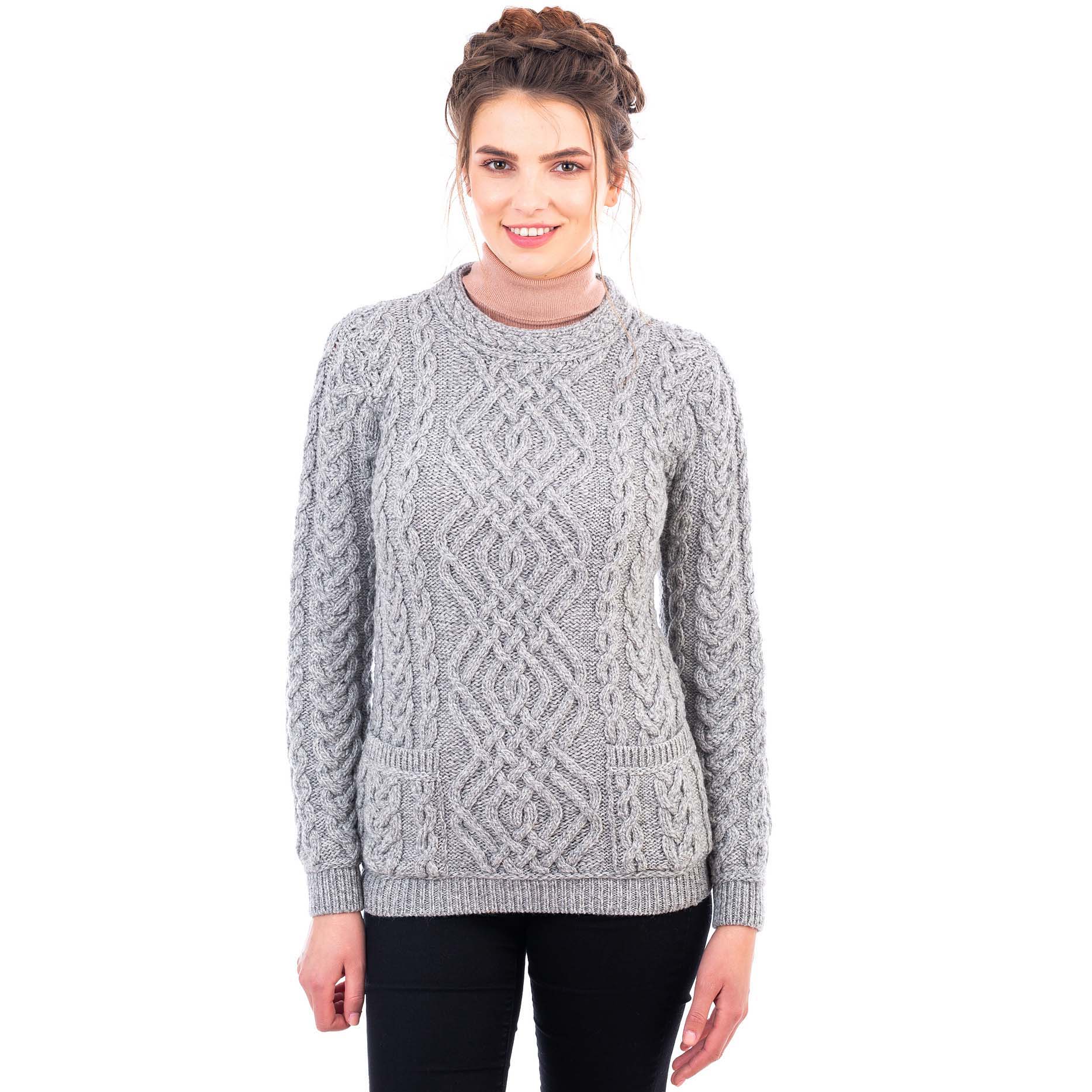 Product image for SALE | Irish Sweater | Aran Cable Knit Merino Wool Crew Ladies Sweater