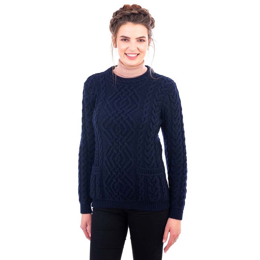 Product image for Irish Sweater | Aran Cable Knit Merino Wool Crew Ladies Sweater