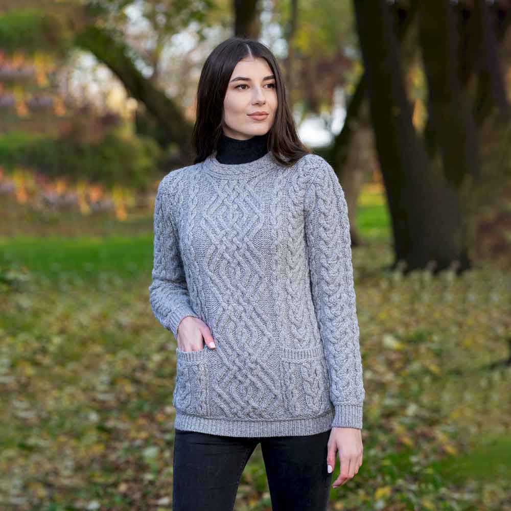 Irish Sweater, Aran Cable Knit Merino Wool Crew Ladies Sweater at