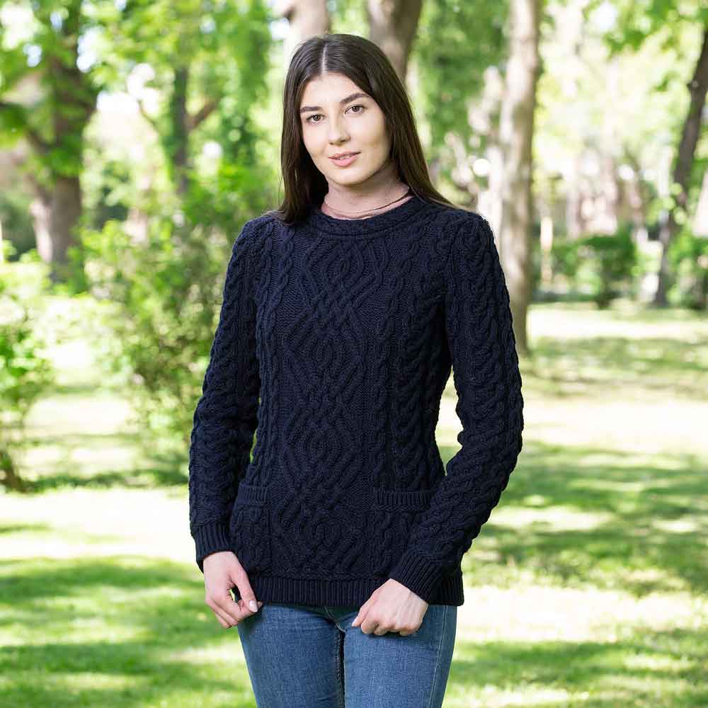 Irish Sweater | Aran Cable Knit Merino Wool Crew Ladies Sweater at ...