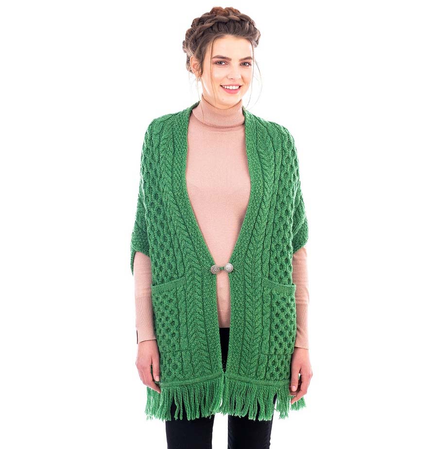 Product image for SALE | Irish Shawl | Ladies Merino Wool Aran Knit Shawl with Pockets