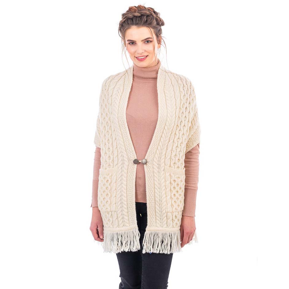 Product image for SALE | Irish Shawl | Ladies Merino Wool Aran Knit Shawl with Pockets