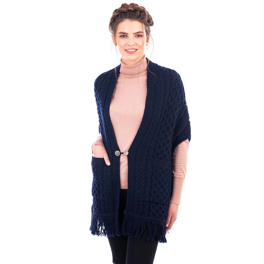 Product image for Irish Shawl | Ladies Merino Wool Aran Knit Shawl with Pockets