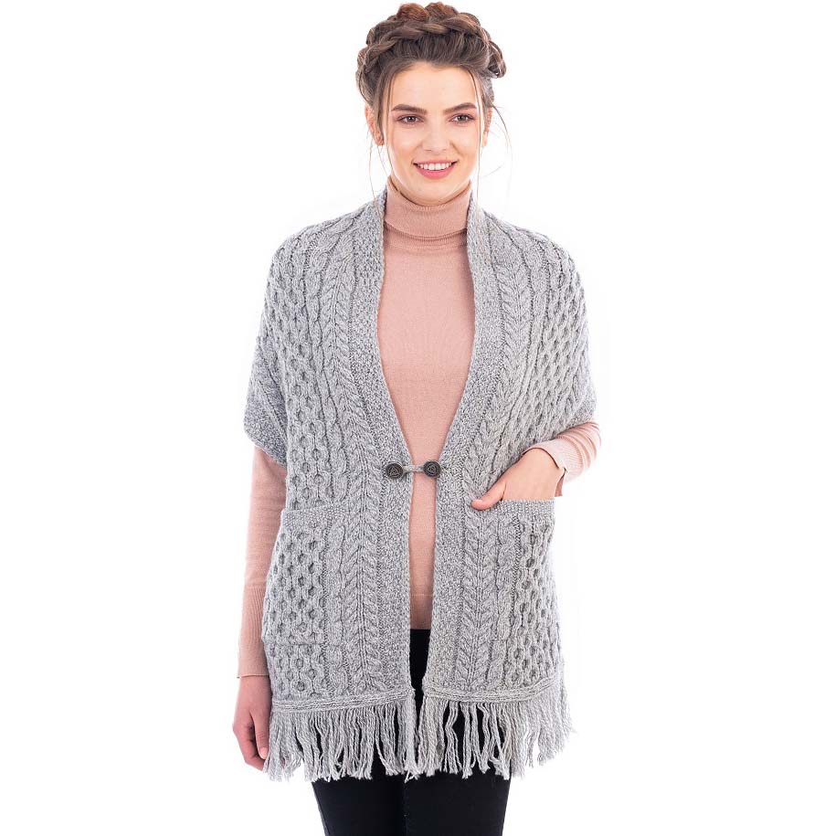 Product image for SALE | Irish Shawl | Ladies Merino Wool Aran Knit Shawl with Pockets