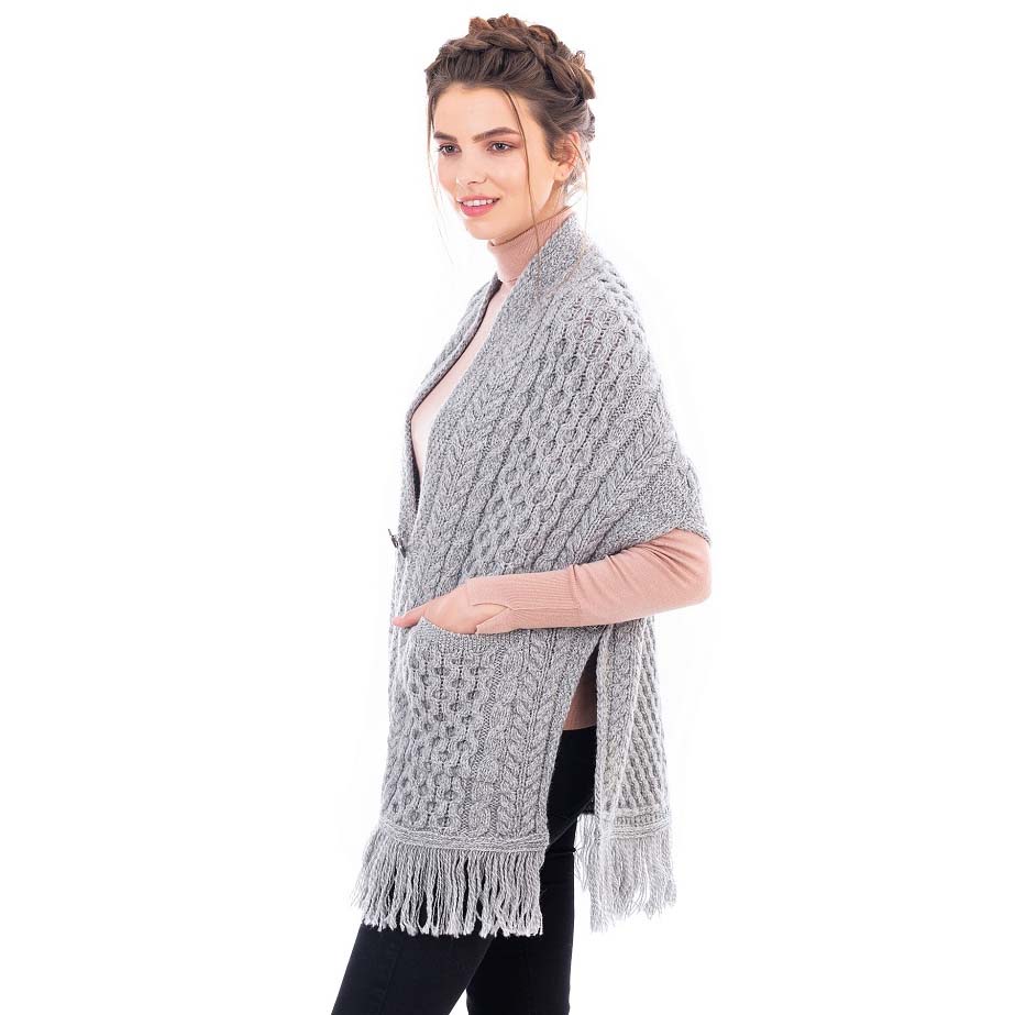 Product image for SALE | Irish Shawl | Ladies Merino Wool Aran Knit Shawl with Pockets