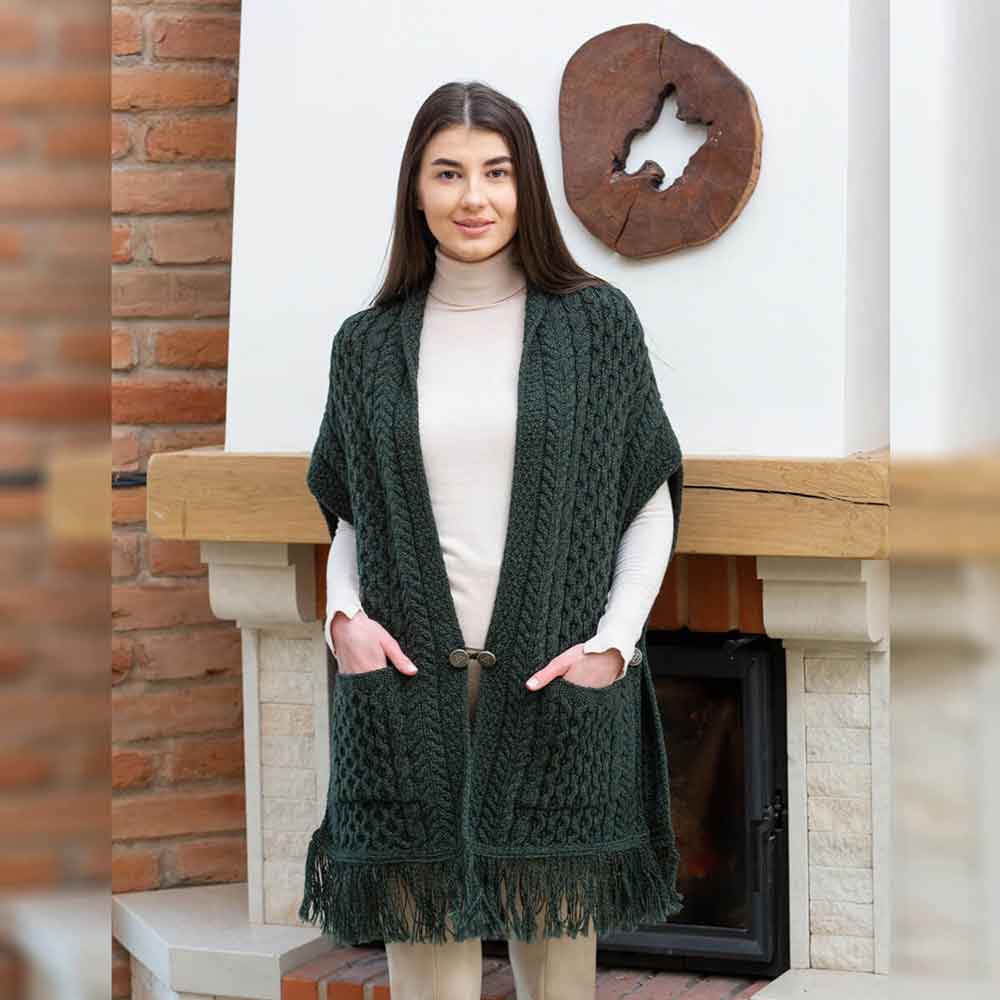 Product image for SALE | Irish Shawl | Ladies Merino Wool Aran Knit Shawl with Pockets
