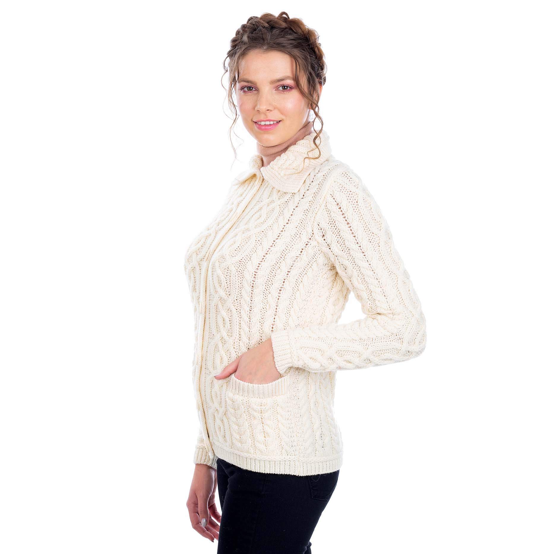 Irish Cardigan Cable Knit Merino Wool Button Ladies Cardigan at