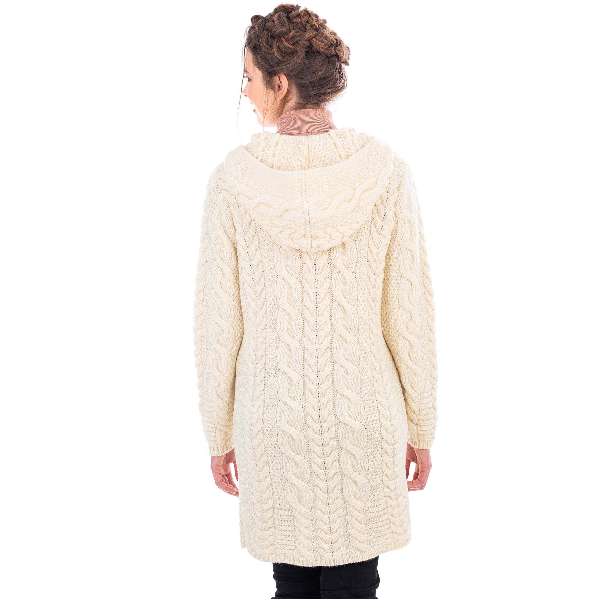 Product image for Irish Coat | Merino Wool Aran Cable Knit Hooded Ladies Jacket