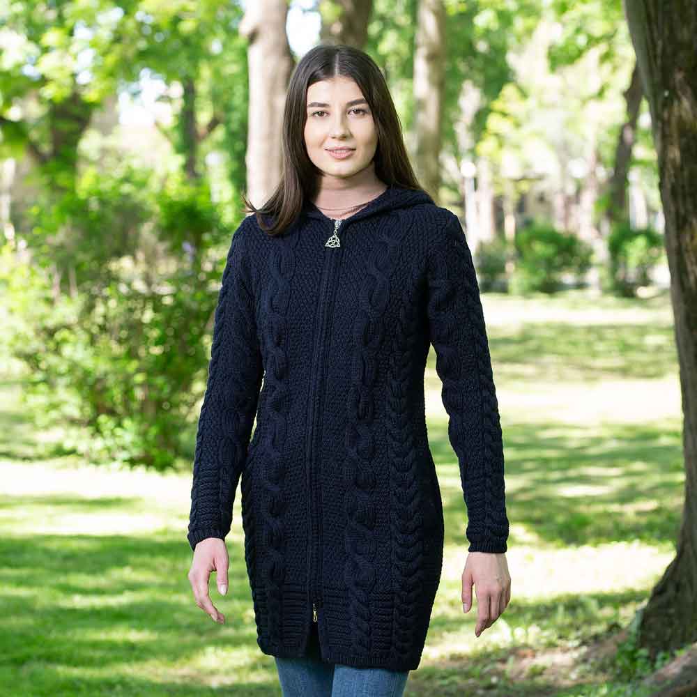 Product image for Irish Coat | Merino Wool Aran Cable Knit Hooded Ladies Jacket