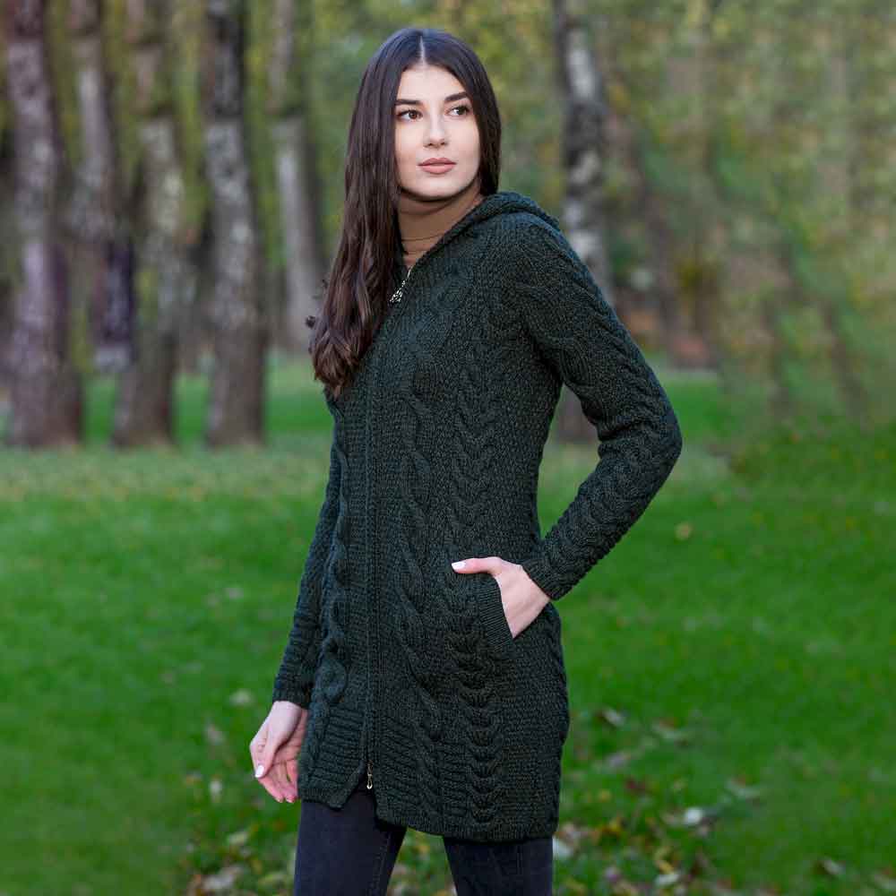 Product image for Irish Coat | Merino Wool Aran Cable Knit Hooded Ladies Jacket