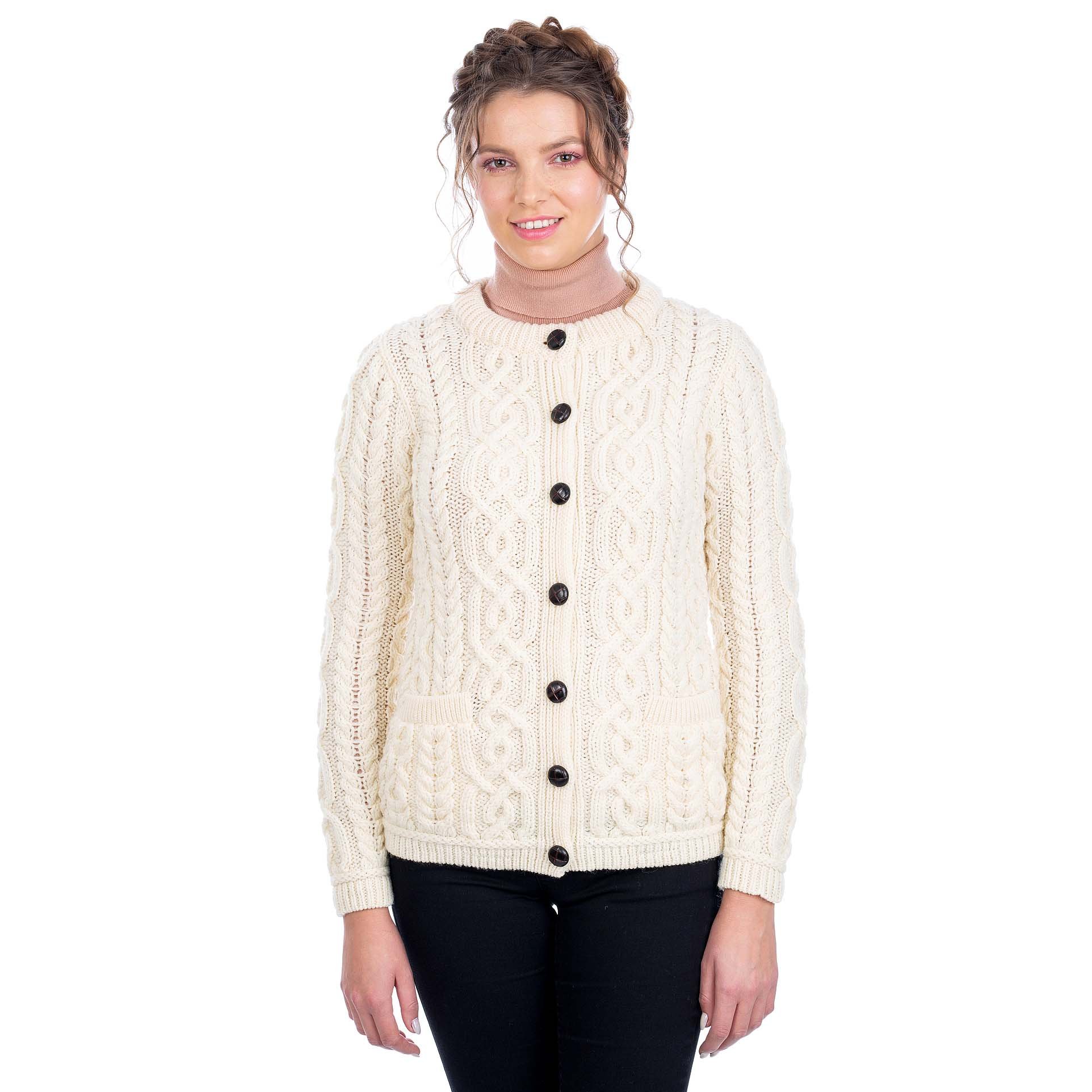 Irish Cardigan Merino Wool Aran Knit Ladies Button Cardigan at