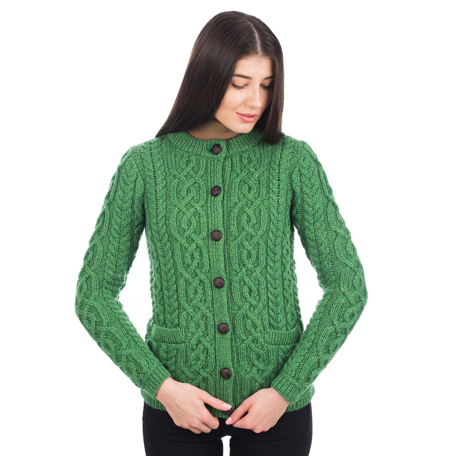 Irish Cardigan, Merino Wool Aran Knit Ladies Button Cardigan at