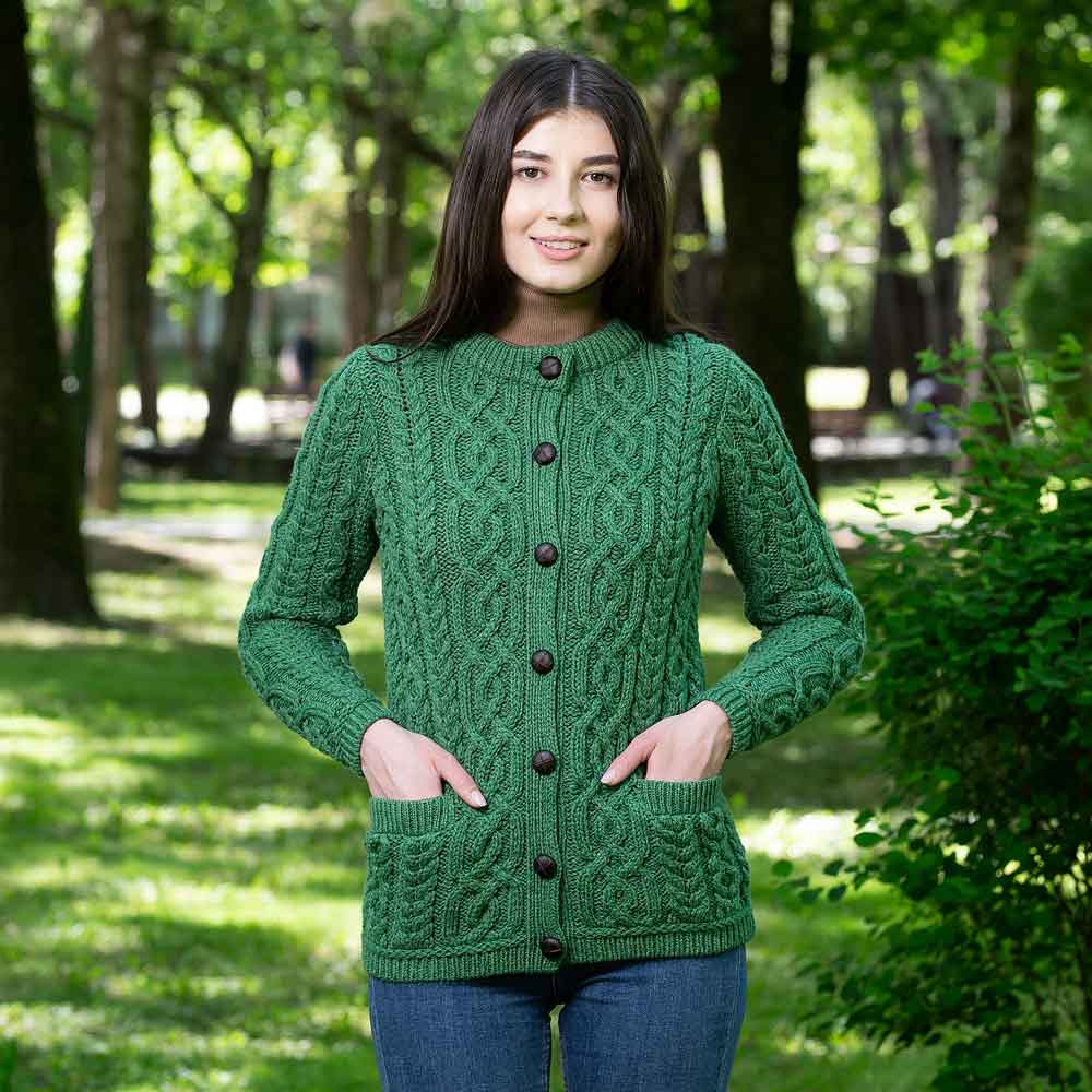 Irish Cardigan | Merino Wool Aran Knit Ladies Button Cardigan