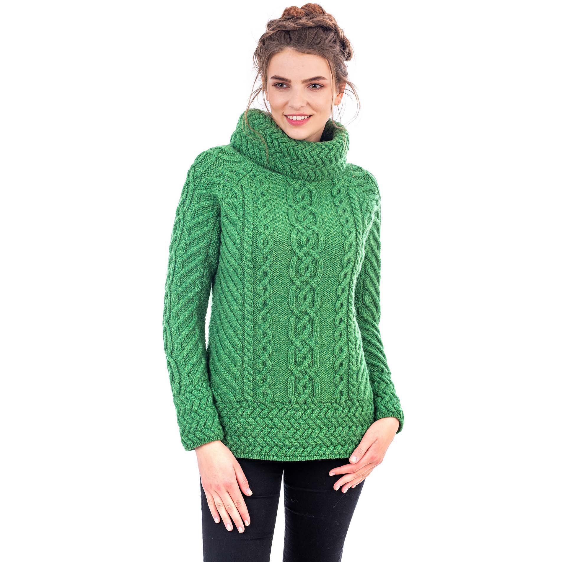 Product image for Irish Sweater | Merino Wool Aran Knit Cowl Neck Ladies Sweater