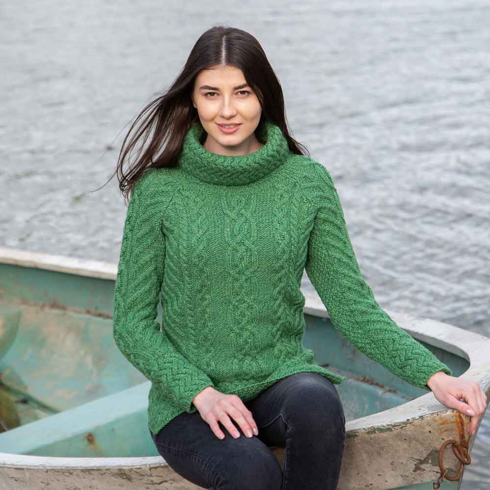 Product image for Irish Sweater | Merino Wool Aran Knit Cowl Neck Ladies Sweater