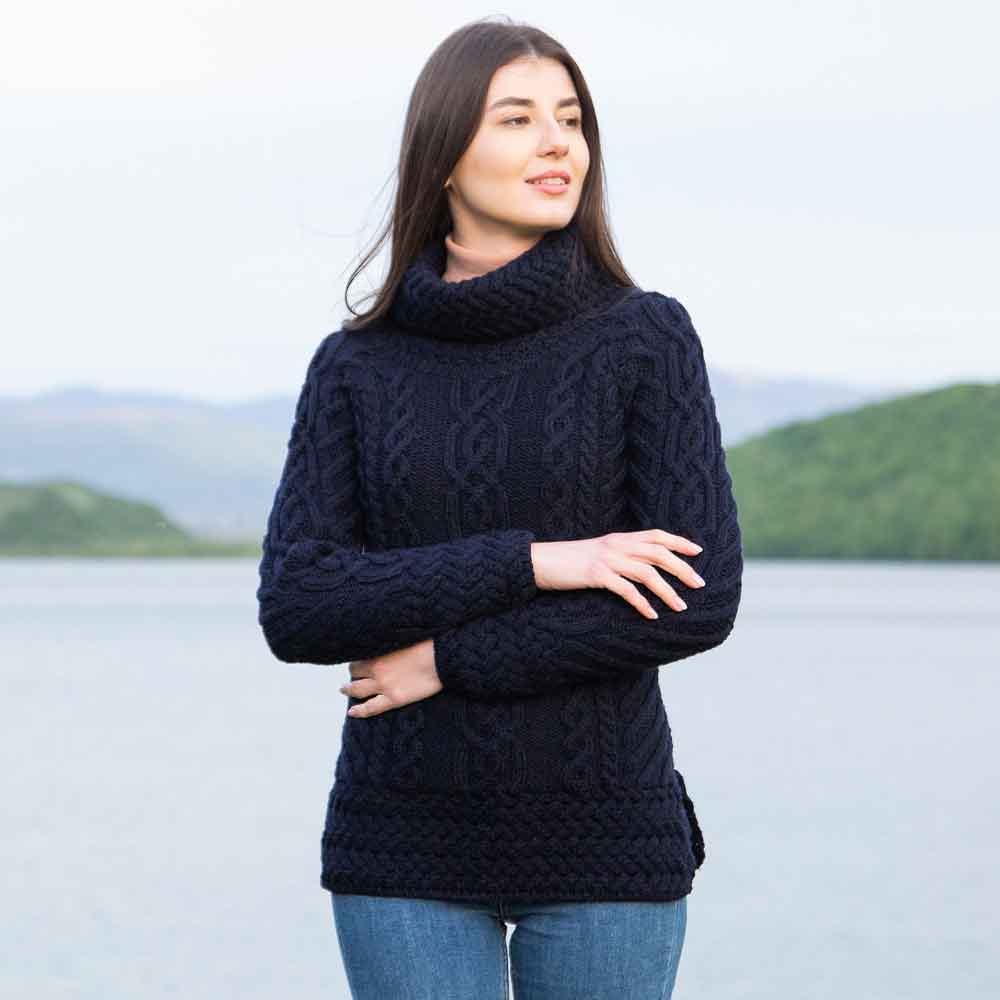 Product image for Irish Sweater | Merino Wool Aran Knit Cowl Neck Ladies Sweater