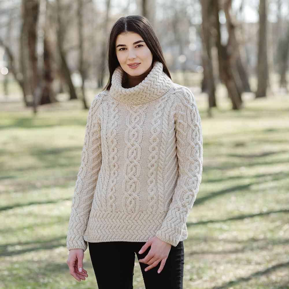 Irish Sweater  Merino Wool Aran Knit Cowl Neck Ladies Sweater at