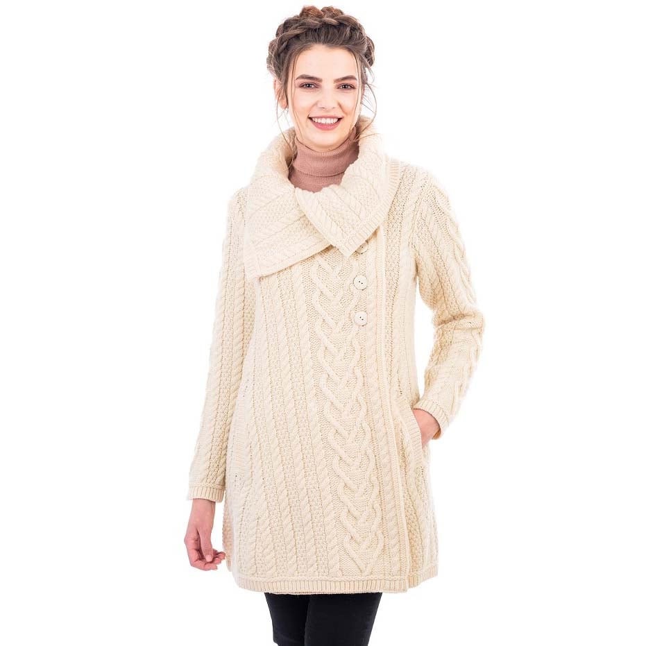 Product image for Irish Coat | Merino Wool Classic Aran Cable Knit Ladies Coat