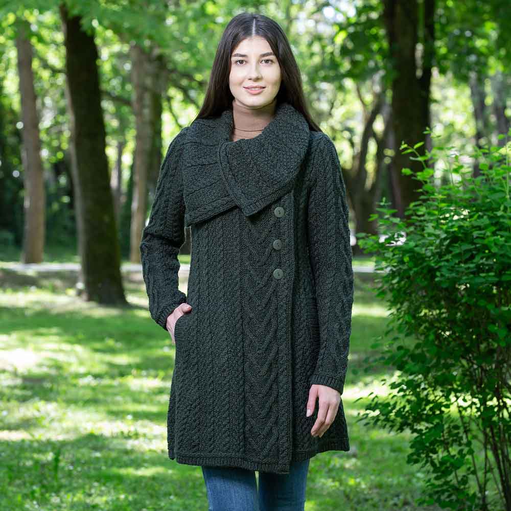 Product image for Irish Coat | Merino Wool Classic Aran Cable Knit Ladies Coat