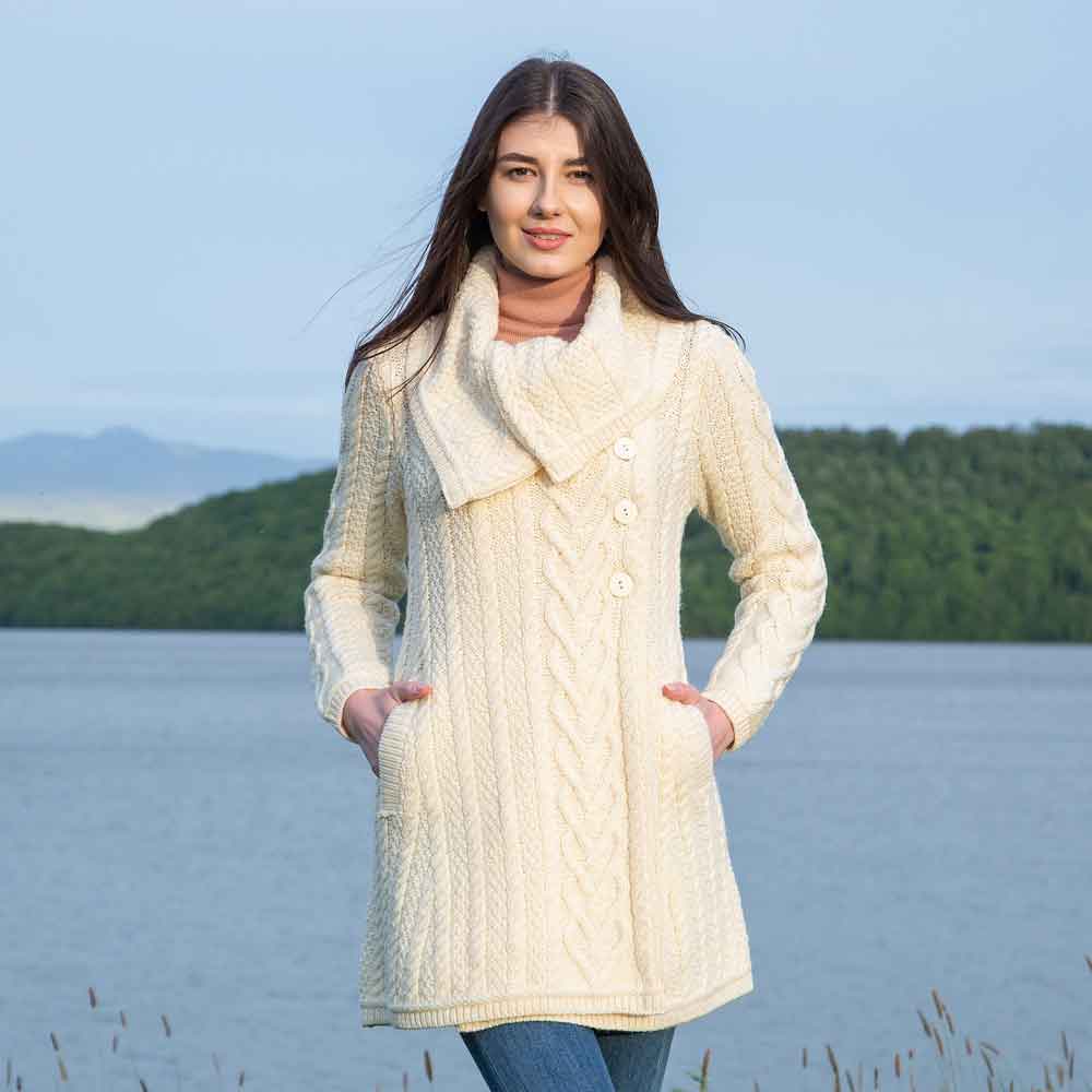 Product image for Irish Coat | Merino Wool Classic Aran Cable Knit Ladies Coat