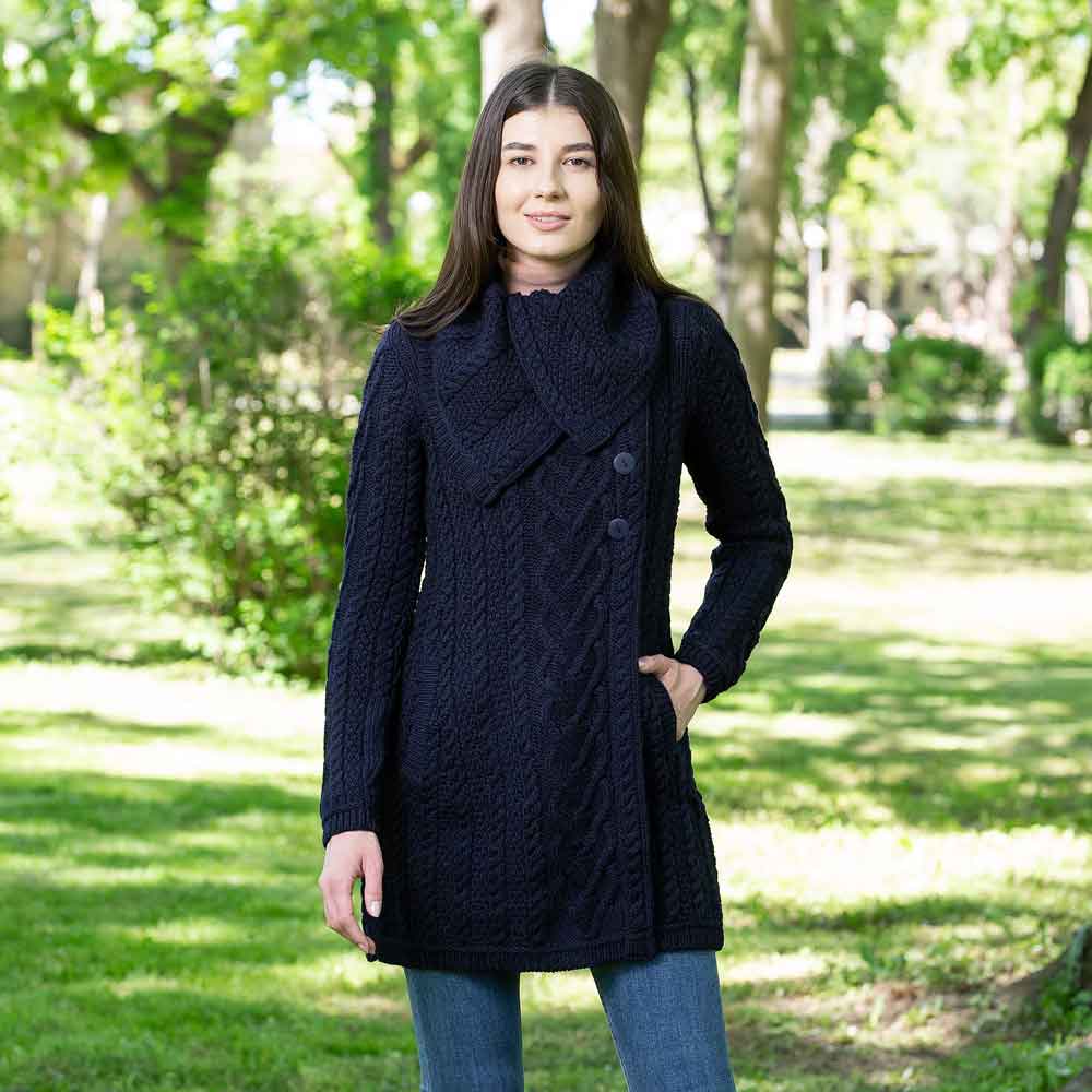 Product image for Irish Coat | Merino Wool Classic Aran Cable Knit Ladies Coat