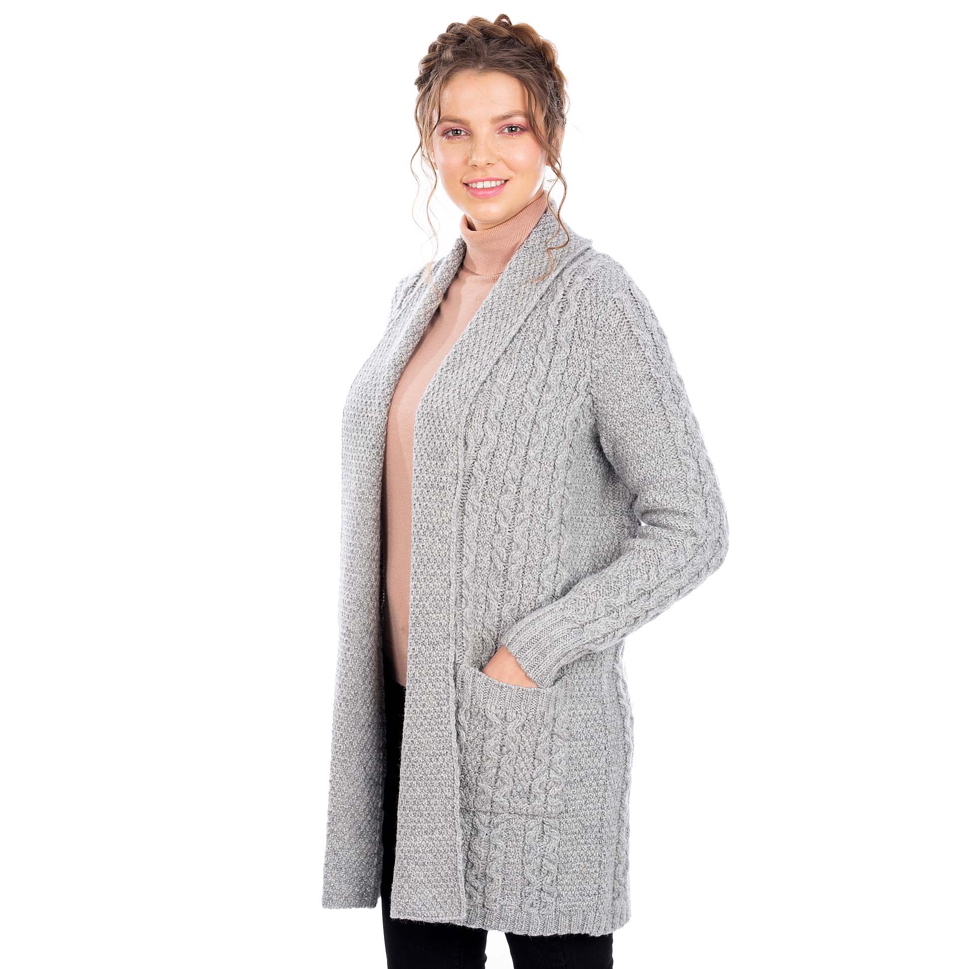 Product image for Irish Cardigan | Merino Wool Aran Knit Open Face Ladies Cardigan