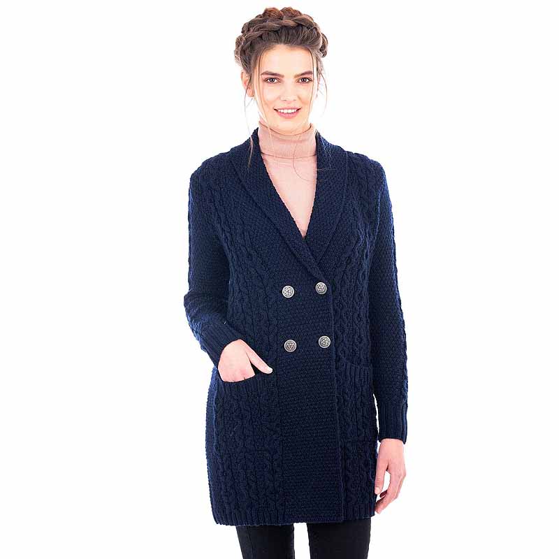 Product image for Irish Coat | Merino Wool Aran Knit Double Breasted Shawl Collar Ladies Coat