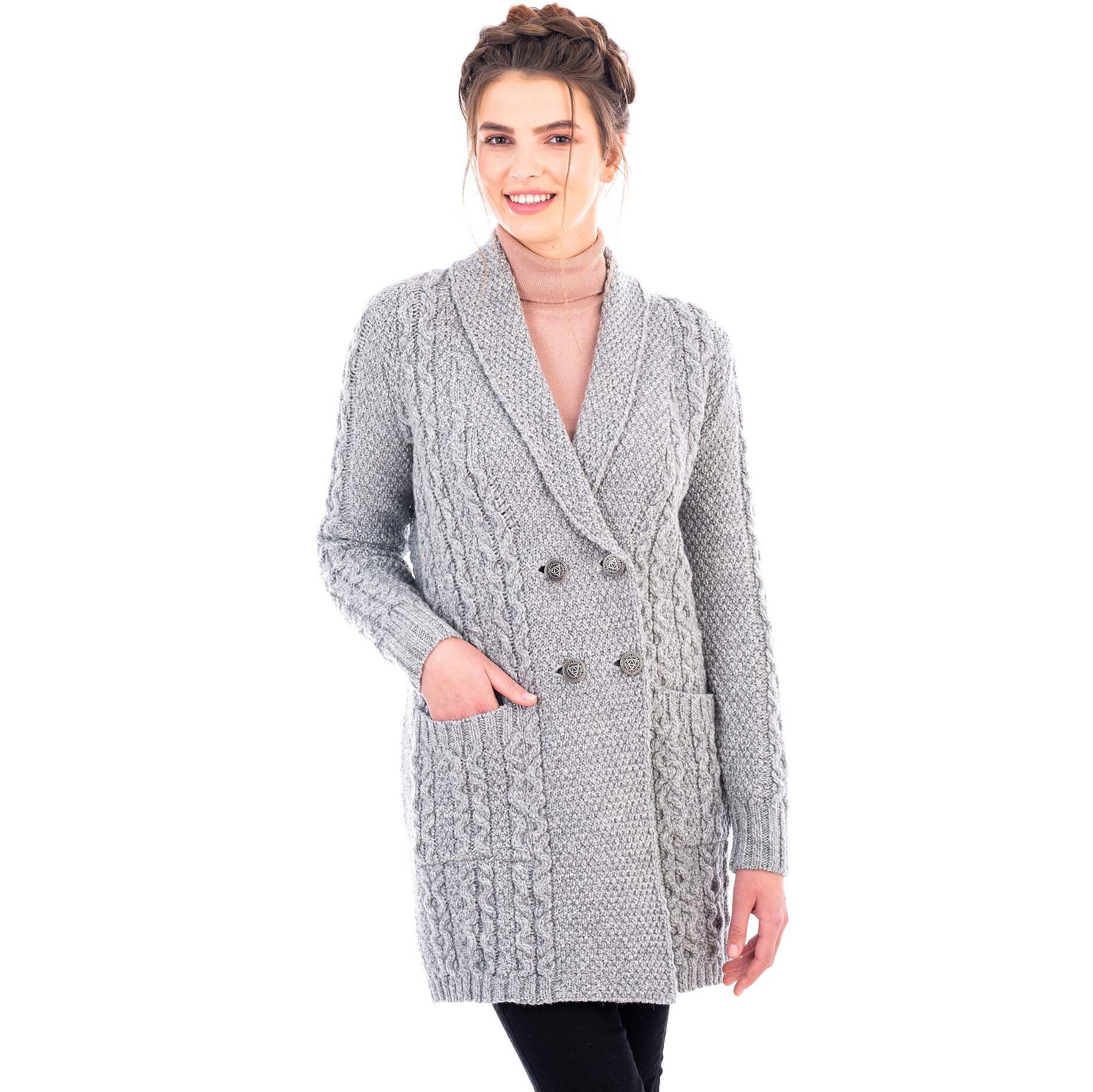 Product image for Irish Coat | Merino Wool Aran Knit Double Breasted Shawl Collar Ladies Coat