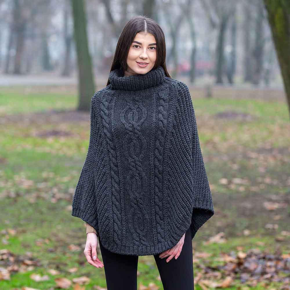 Product image for Irish Shawl | Merino Wool Aran Cable Stitch Ladies Poncho