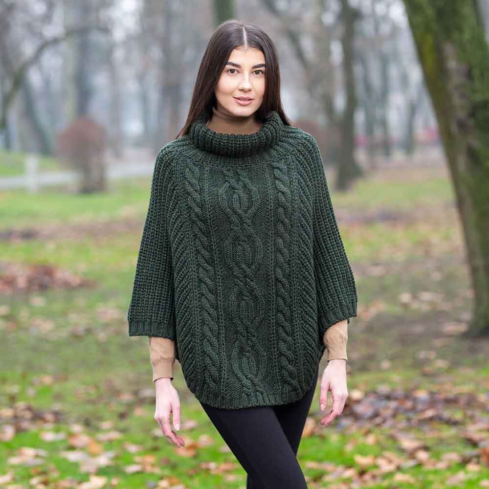 Cable poncho, Aran poncho, Irish wool cape