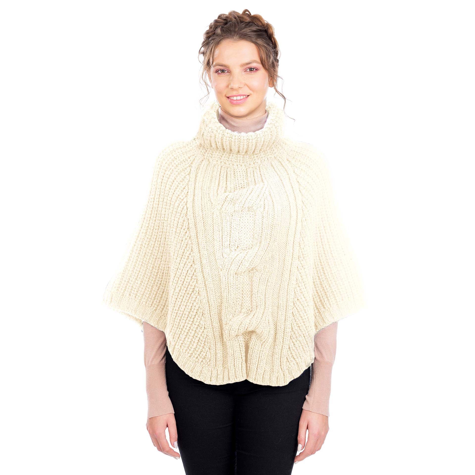 Product image for Irish Shawl | Merino Wool Cable Knit Cowlneck Ladies Poncho