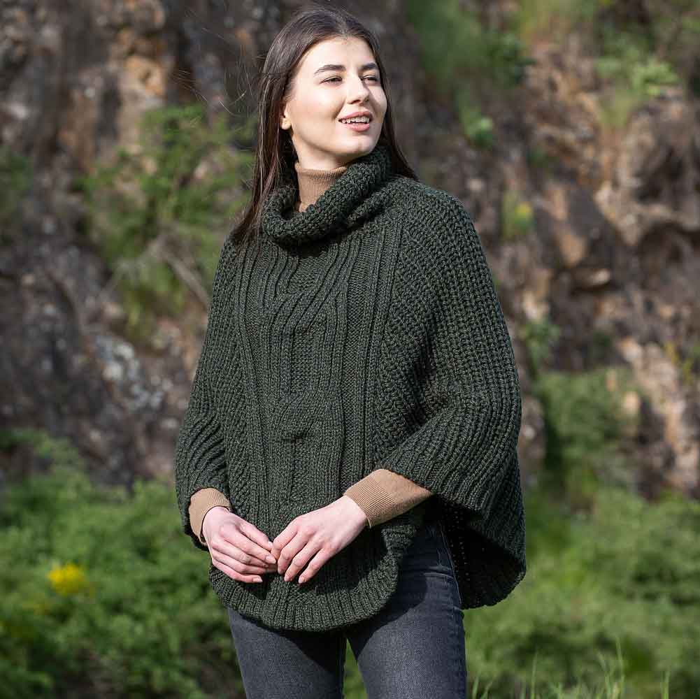 Product image for Irish Shawl | Merino Wool Cable Knit Cowlneck Ladies Poncho