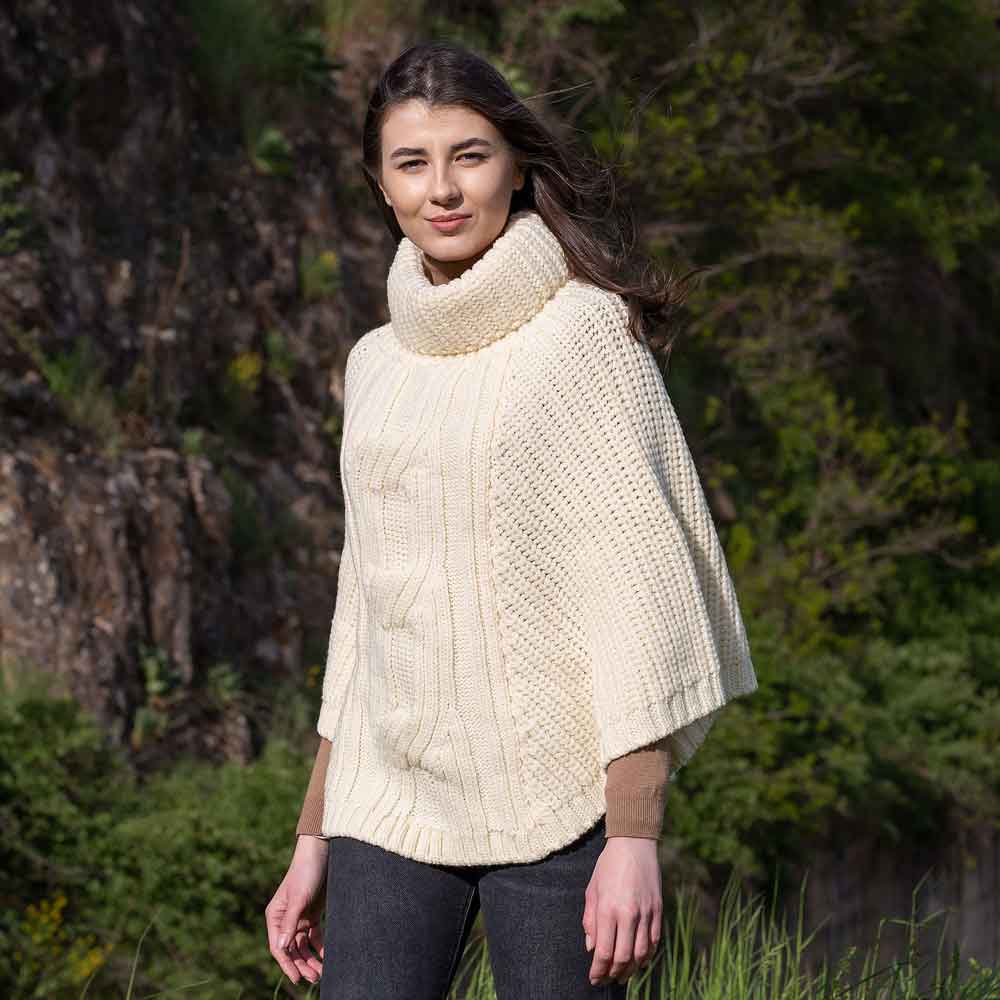 Product image for Irish Shawl | Merino Wool Cable Knit Cowlneck Ladies Poncho