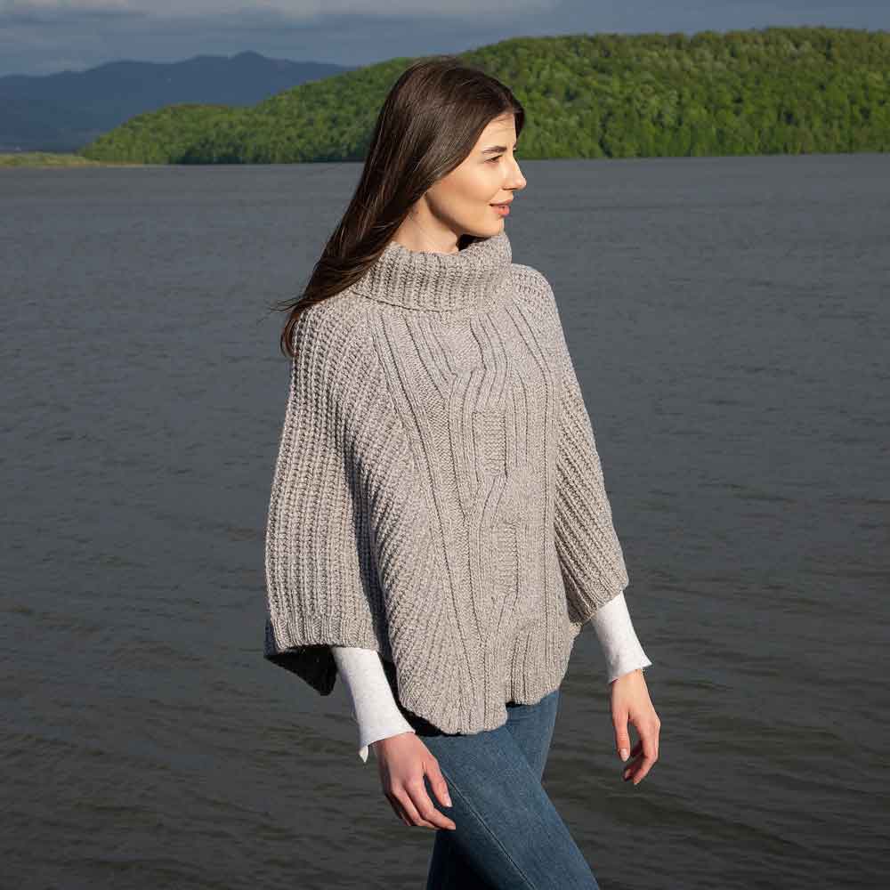 Product image for Irish Shawl | Merino Wool Cable Knit Cowlneck Ladies Poncho