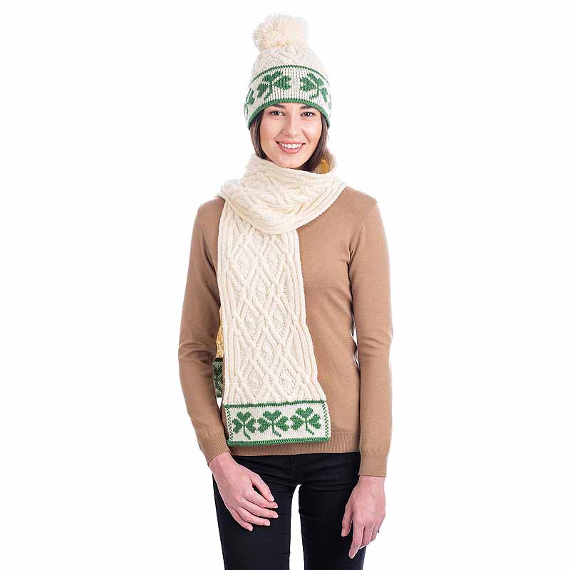 Product image for Irish Scarf | Merino Wool Aran Cable Knit Shamrock Ladies Scarf