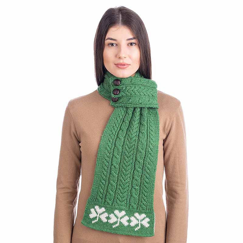 Product image for Irish Scarf | Merino Wool Aran Knit Shamrock Pattern Ladies Loop Scarf with Buttons