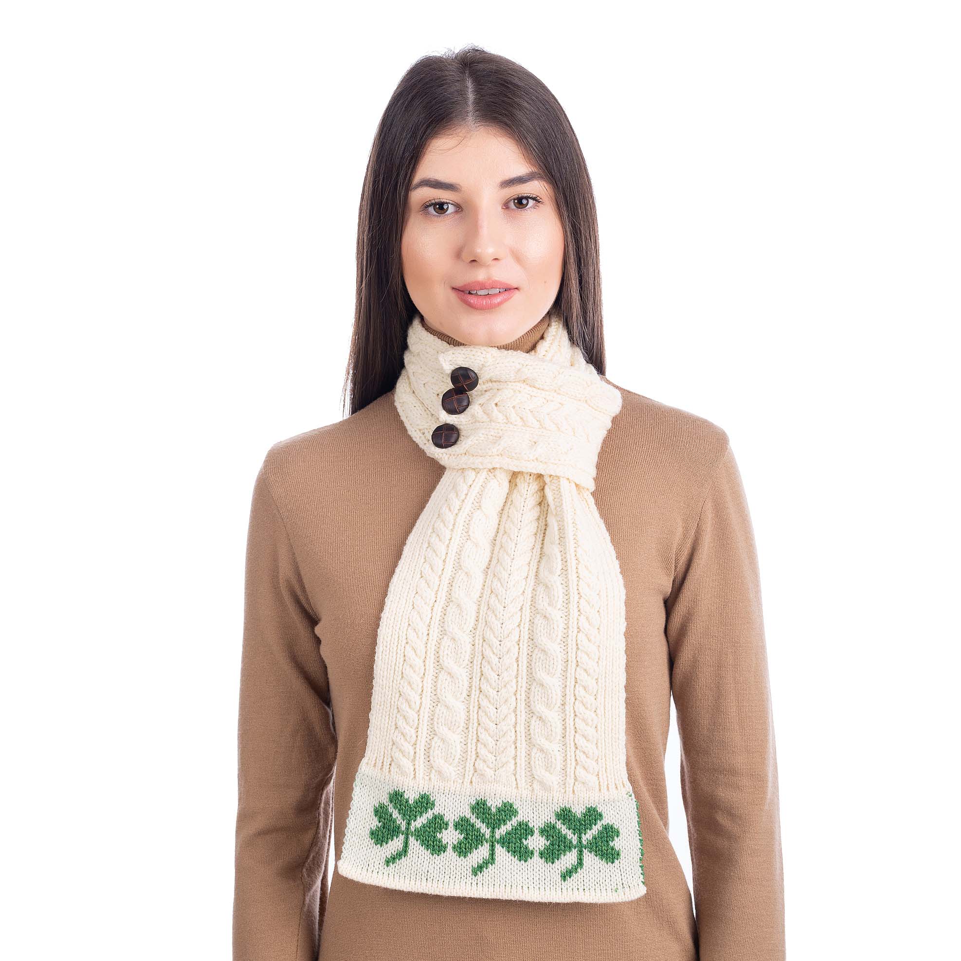Product image for Irish Scarf | Merino Wool Aran Knit Shamrock Pattern Ladies Loop Scarf with Buttons