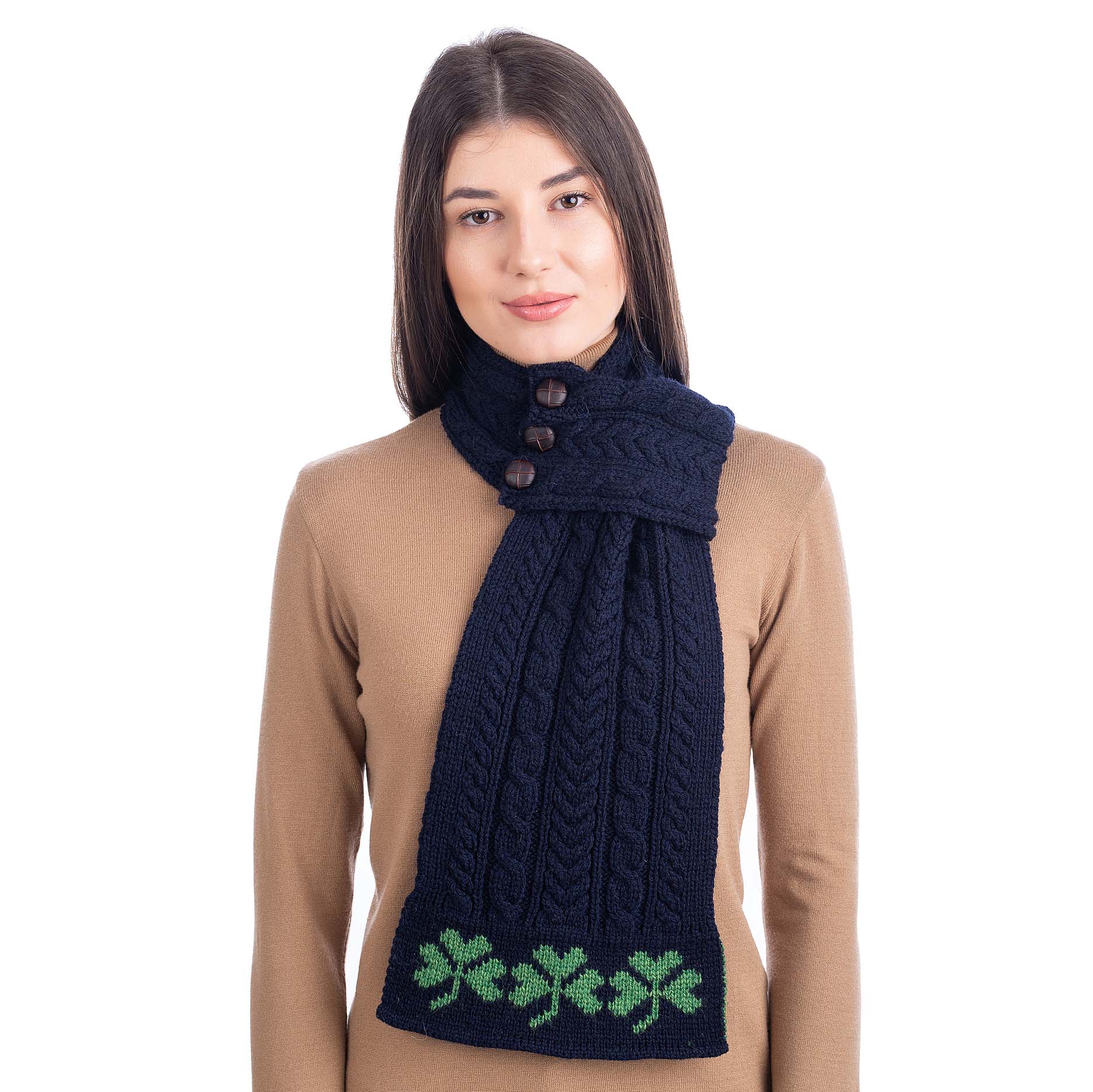 Product image for Irish Scarf | Merino Wool Aran Knit Shamrock Pattern Ladies Loop Scarf with Buttons