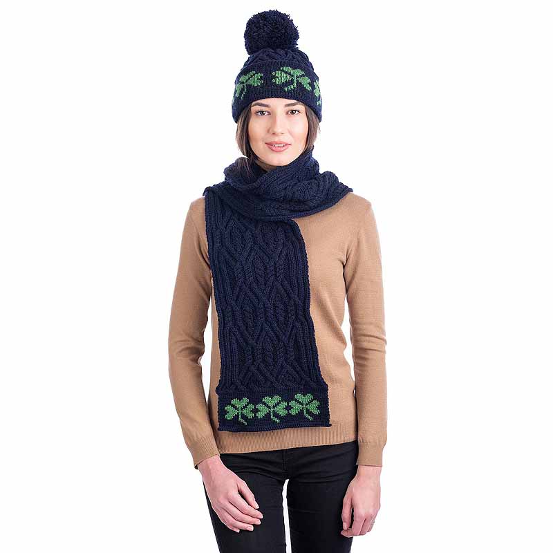 Product image for Irish Scarf | Celtic Tree of Life Merino Shamrock Aran Knit Ladies Scarf 