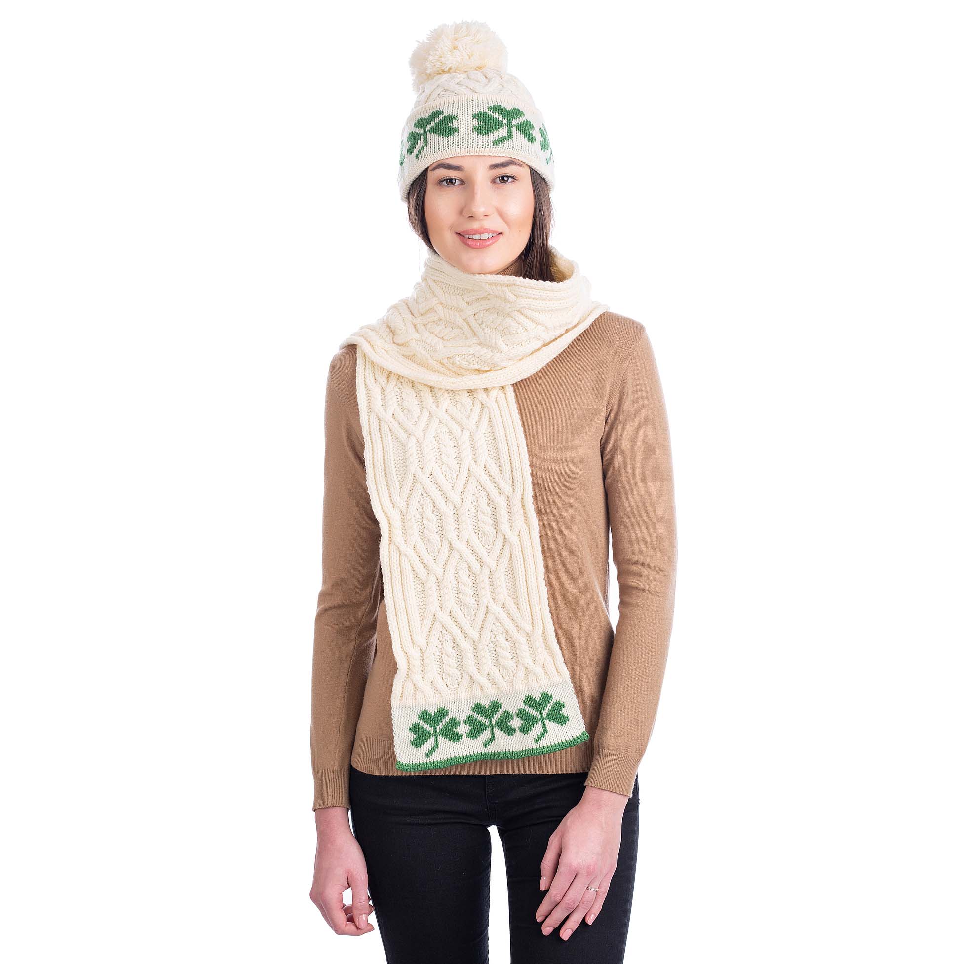 Product image for Irish Scarf | Celtic Tree of Life Merino Shamrock Aran Knit Ladies Scarf 