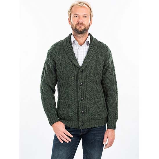 Irish Cardigan, Merino Wool Aran Cable Knit Shawl-Collar Mens Cardigan at