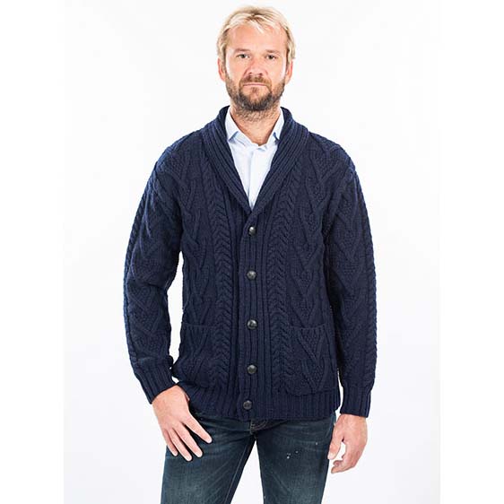 Irish Cardigan, Merino Wool Aran Cable Knit Shawl-Collar Mens Cardigan at