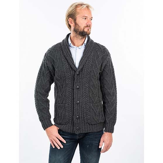 Product image for Irish Cardigan | Merino Wool Aran Cable Knit Shawl-Collar Mens Cardigan