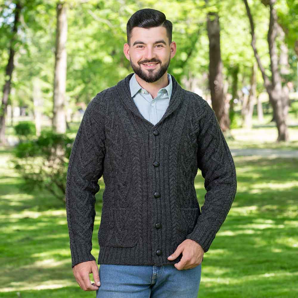 Product image for Irish Cardigan | Merino Wool Aran Cable Knit Shawl-Collar Mens Cardigan