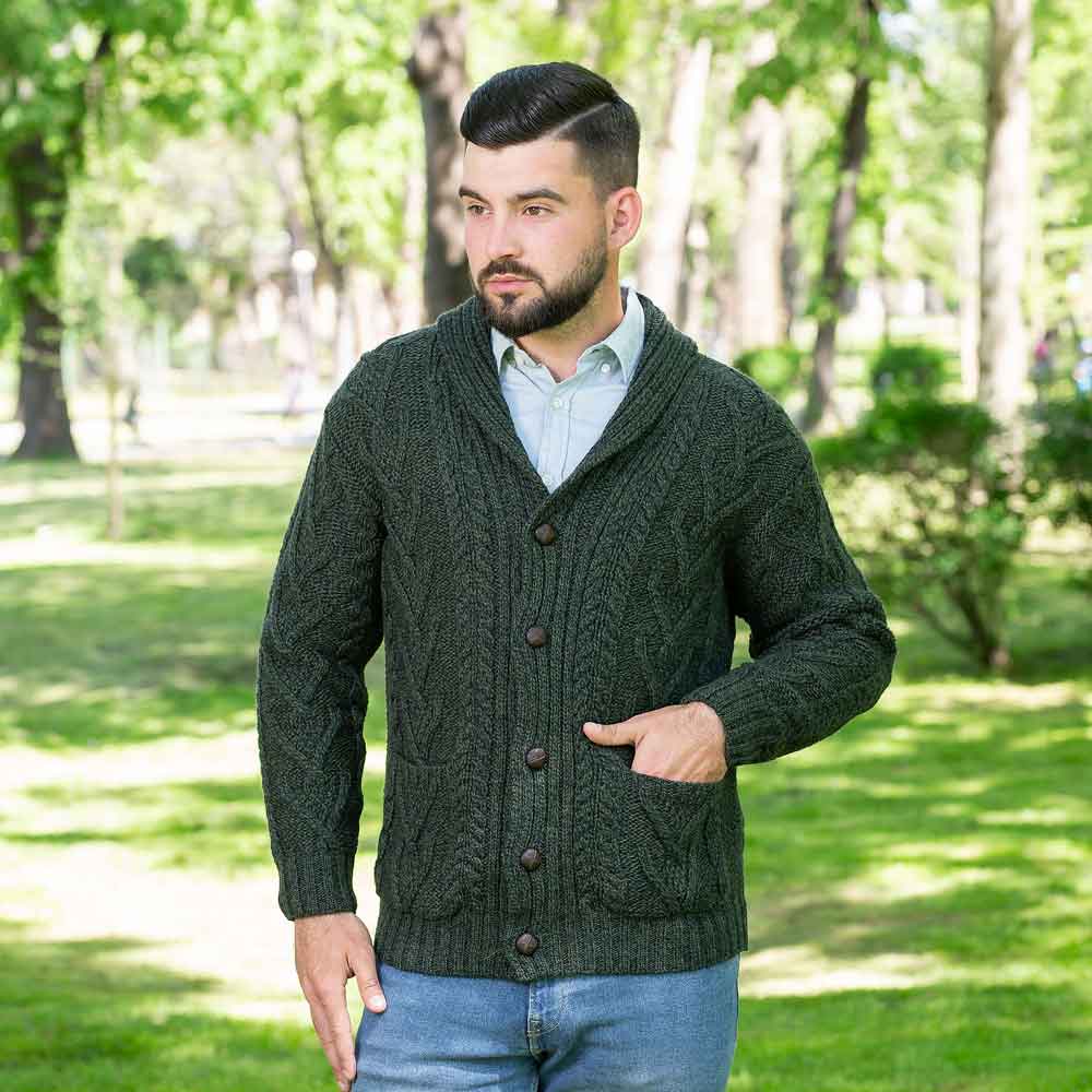 Product image for Irish Cardigan | Merino Wool Aran Cable Knit Shawl-Collar Mens Cardigan