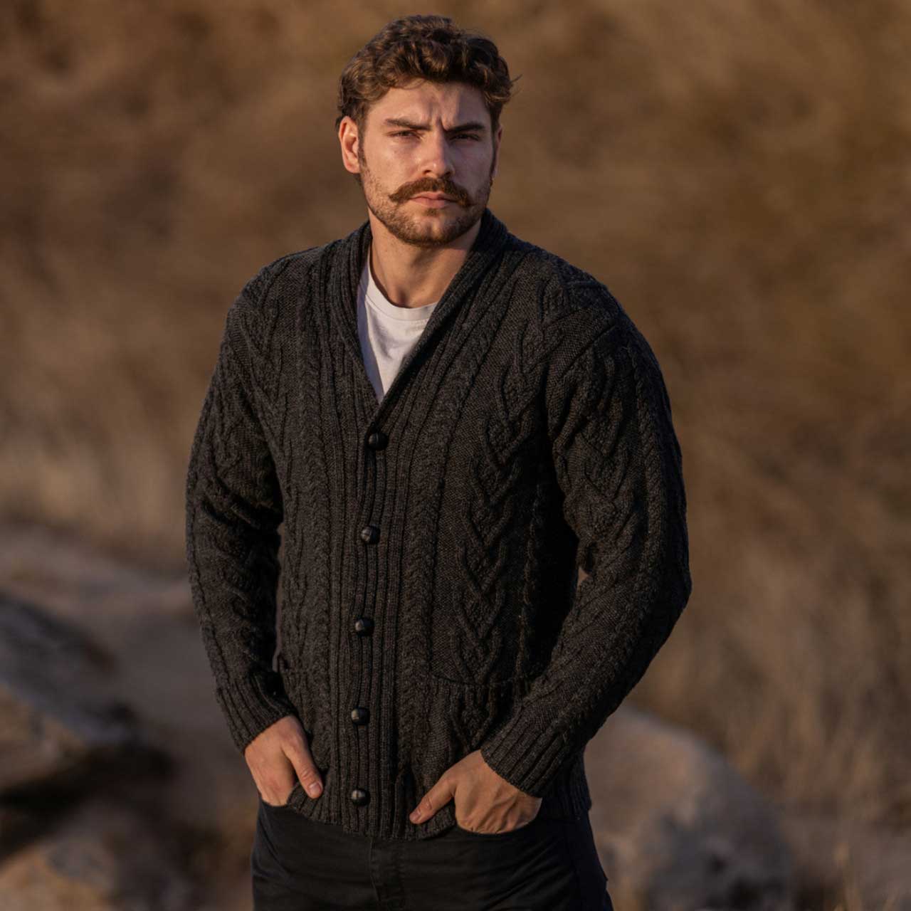 Product image for Irish Cardigan | Merino Wool Aran Cable Knit Shawl-Collar Mens Cardigan