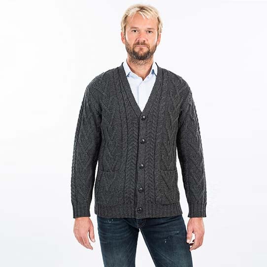 Irish Cardigan | Merino Wool V Neck Cable Knit Mens Cardigan at ...