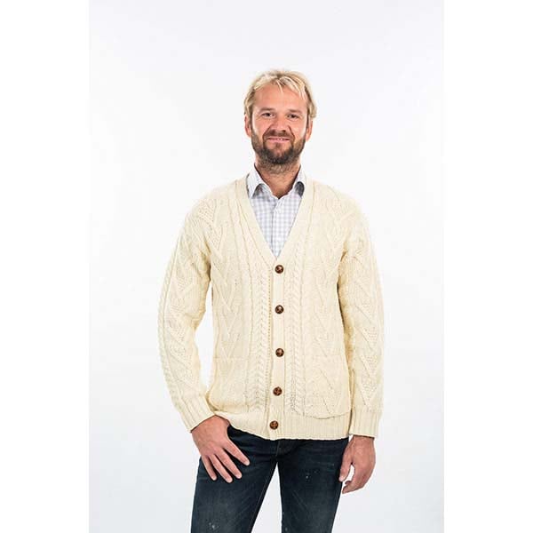 Irish Cardigan Merino Wool V Neck Cable Knit Mens Cardigan at