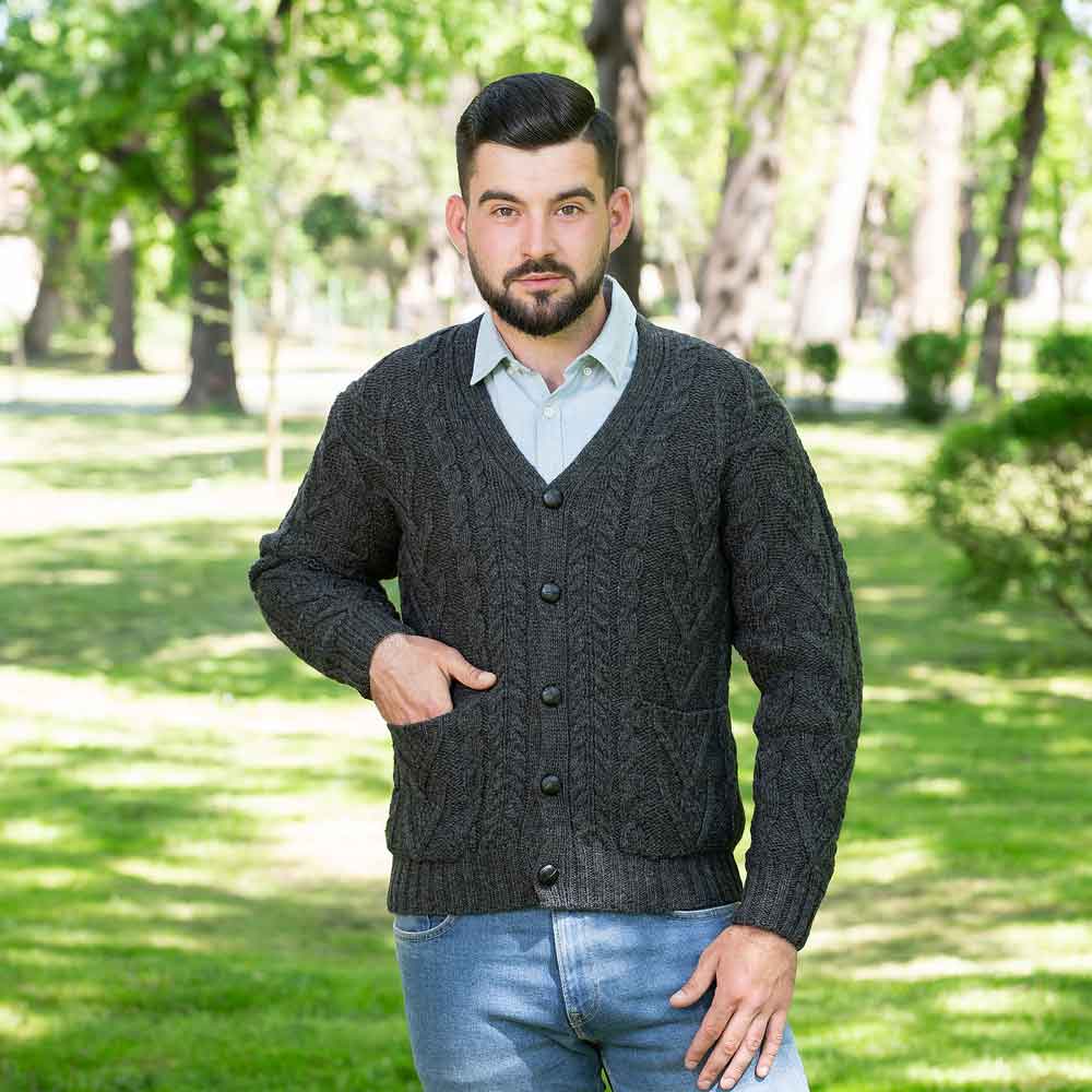 Product image for Irish Cardigan | Merino Wool V Neck Cable Knit Mens Cardigan