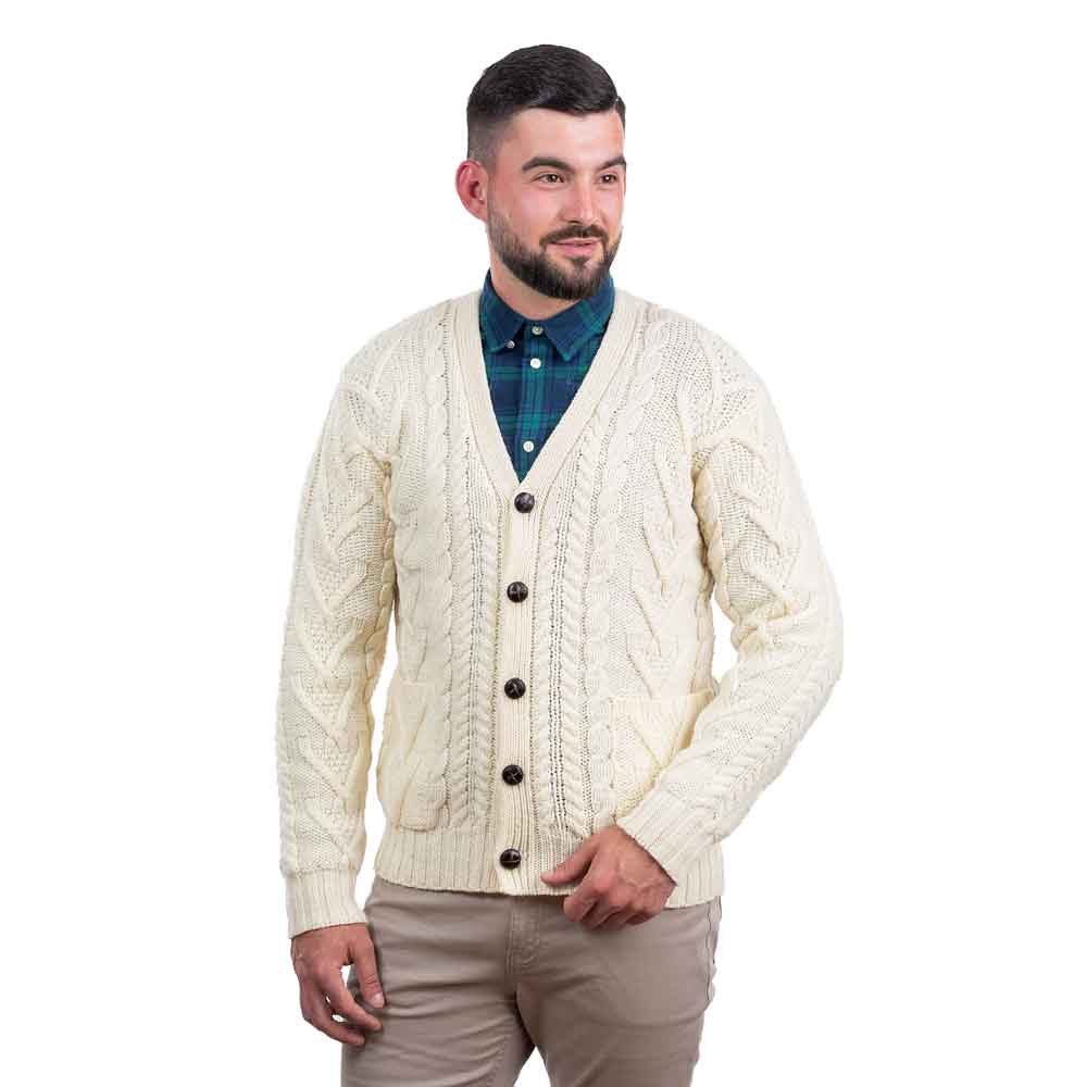 Product image for Irish Cardigan | Merino Wool V Neck Cable Knit Mens Cardigan